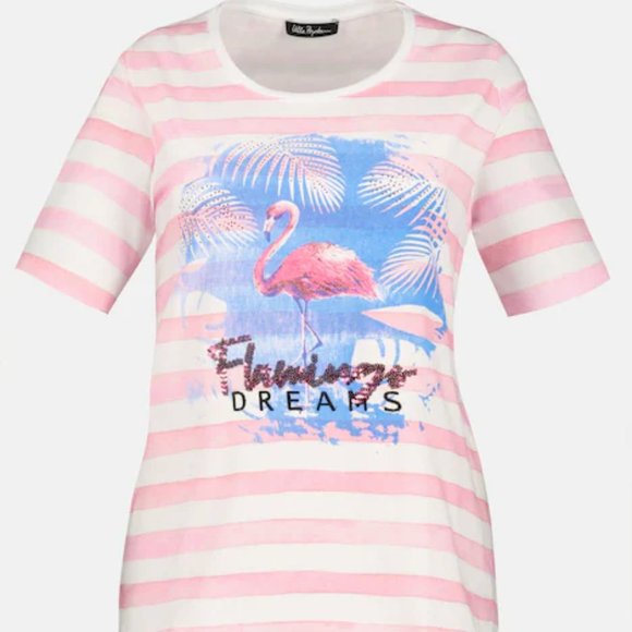 FLAMINGO DREAMS Sequin Accent Stripe Stretch Tee - Picture 1 of 6
